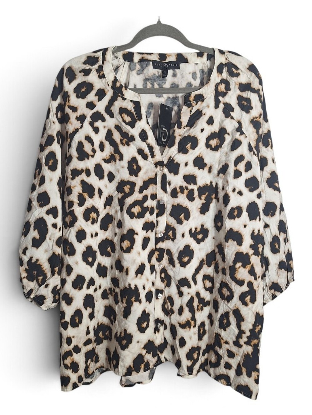 Fred David Leopard Blouse Button Up V Neck 3/4 Sleeve Lightweight 2X Womens